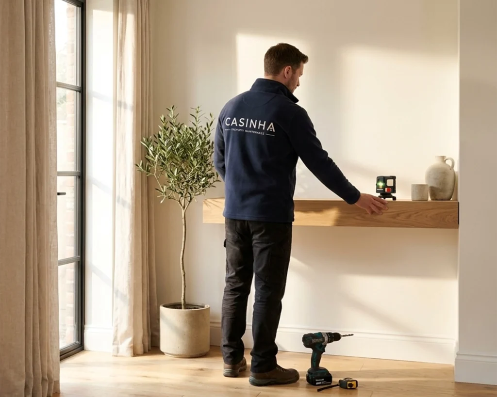 Casinha property maintenance professional using a laser level to carefully measure before installing a floating shelf in a modern home.
