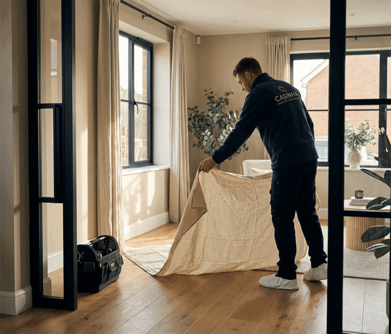 Casinha Property Maintenance professional laying protective dust sheets before starting work in a modern home in Aldershot.